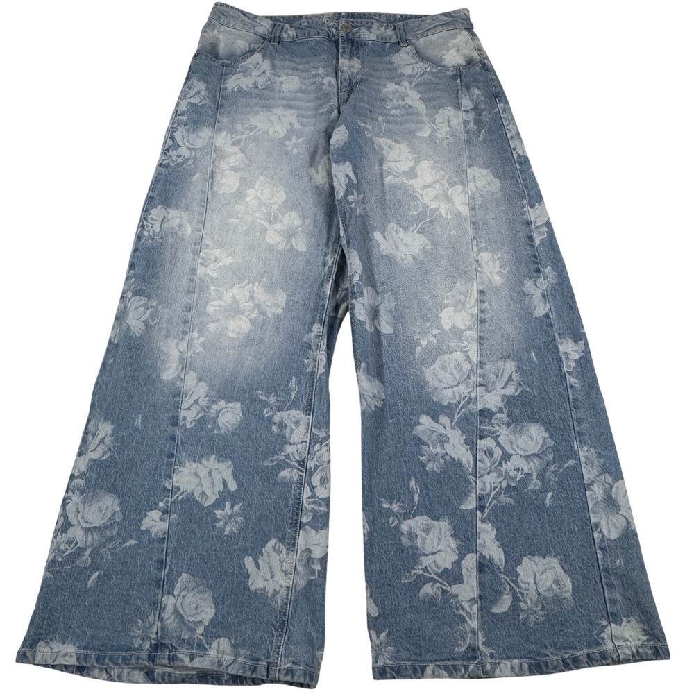 Y2K No Boundaries Floral Wide Leg Jeans Light Wash Rose Print Women's 16 Boho